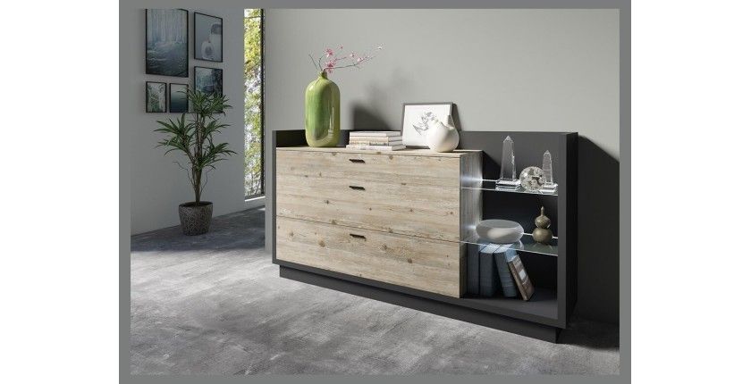 Buffet design XL 200cm. Collection CORK 3 tiroirs et étagères avec LED intégrée. Coloris gris et pin.