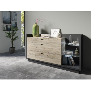 Buffet design XL 200cm. Collection CORK 3 tiroirs et étagères avec LED intégrée. Coloris gris et pin.