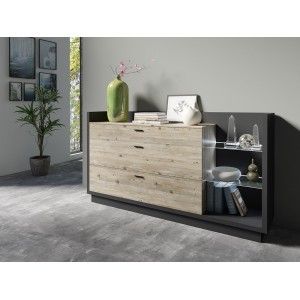 Buffet design XL 200cm. Collection CORK 3 tiroirs et étagères avec LED intégrée. Coloris gris et pin.