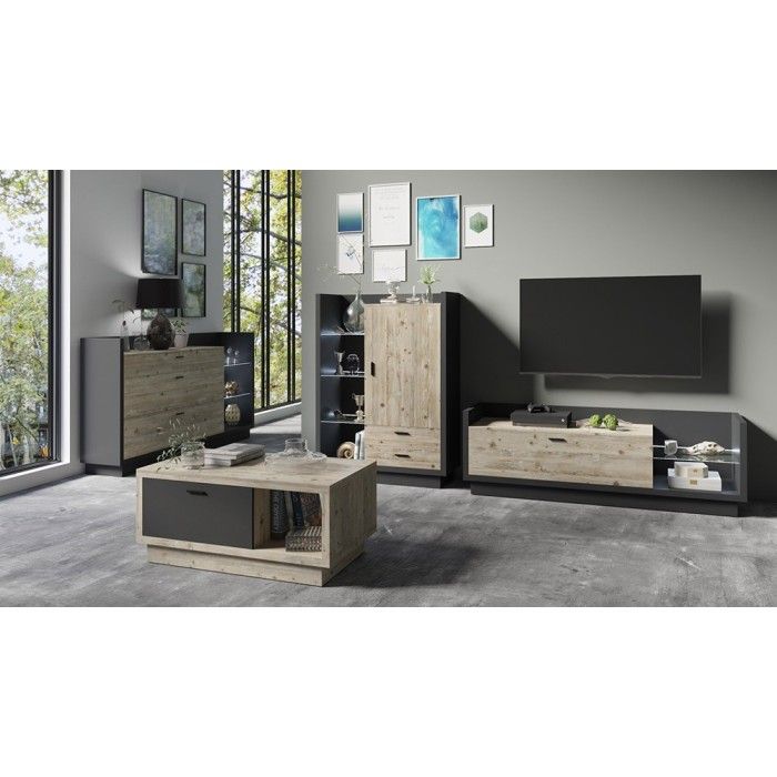 Buffet design XL 200cm. Collection CORK 3 tiroirs et étagères avec LED intégrée. Coloris gris et pin.