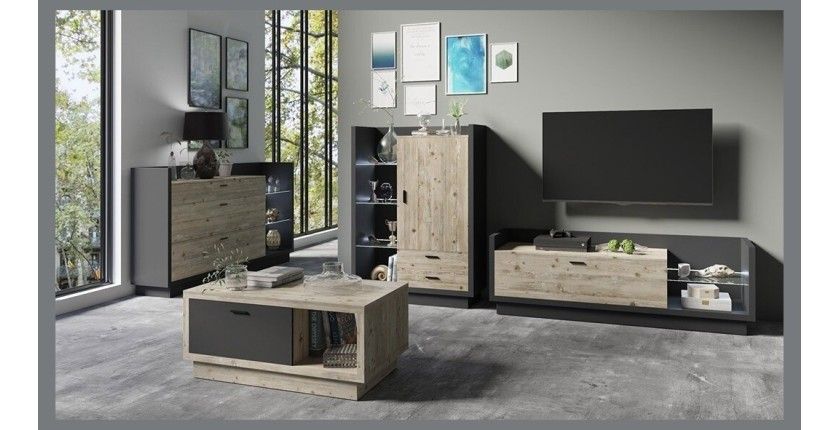 Buffet design XL 200cm. Collection CORK 3 tiroirs et étagères avec LED intégrée. Coloris gris et pin.