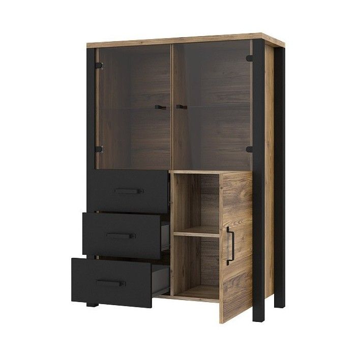 Buffet haut collection DARWIN. Couleur épicéa et noir. 3 portes et 3 tiroirs.