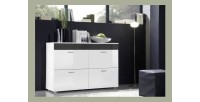 Commode design LOGO, 4 portes Coloris blanc brillant et bande grise brillante
