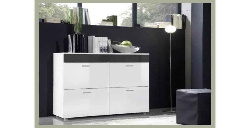 Commode design LOGO, 4 portes Coloris blanc brillant et bande grise brillante