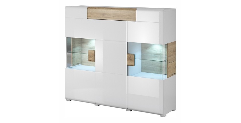 Buffet XL150cm collection OHIO. Éclairage LED intégré. Coloris blanc et chêne.