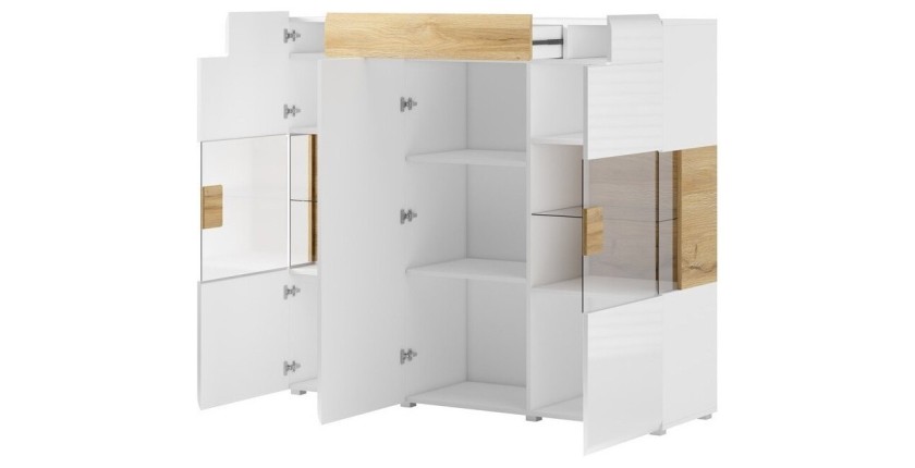 Buffet XL150cm collection OHIO. Éclairage LED intégré. Coloris blanc et chêne.