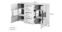 Buffet 180cm collection BREDA deux portes partiellement vitrées et trois tiroirs. Coloris blanc.