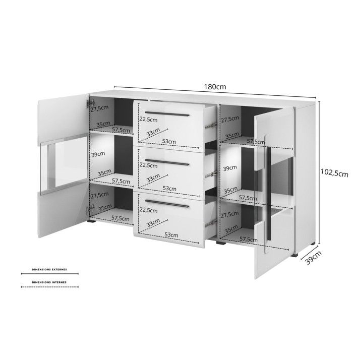 Buffet 180cm collection BREDA deux portes partiellement vitrées et trois tiroirs. Coloris blanc.
