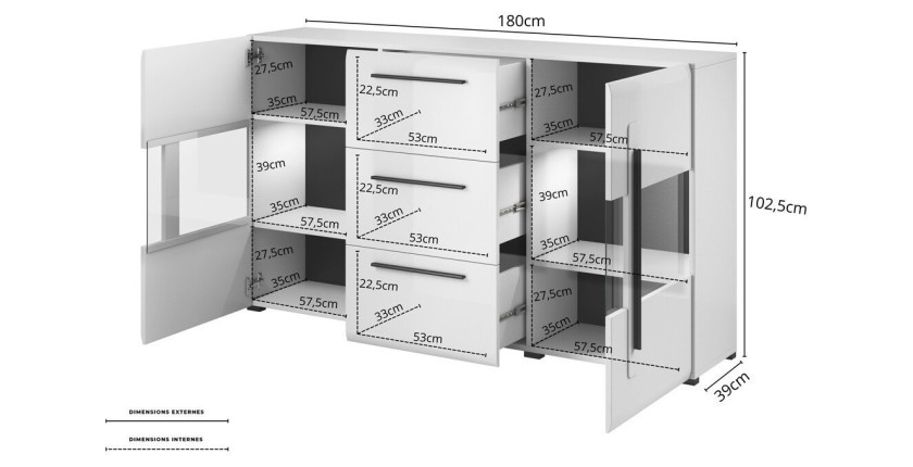 Buffet 180cm collection BREDA deux portes partiellement vitrées et trois tiroirs. Coloris blanc.