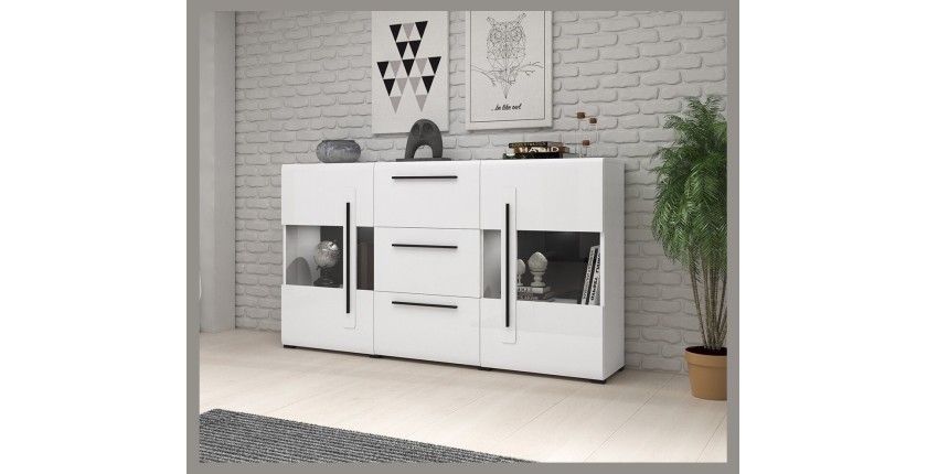 Buffet 180cm collection BREDA deux portes partiellement vitrées et trois tiroirs. Coloris blanc.