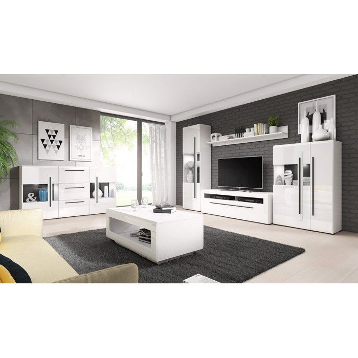Buffet 180cm collection BREDA deux portes partiellement vitrées et trois tiroirs. Coloris blanc.