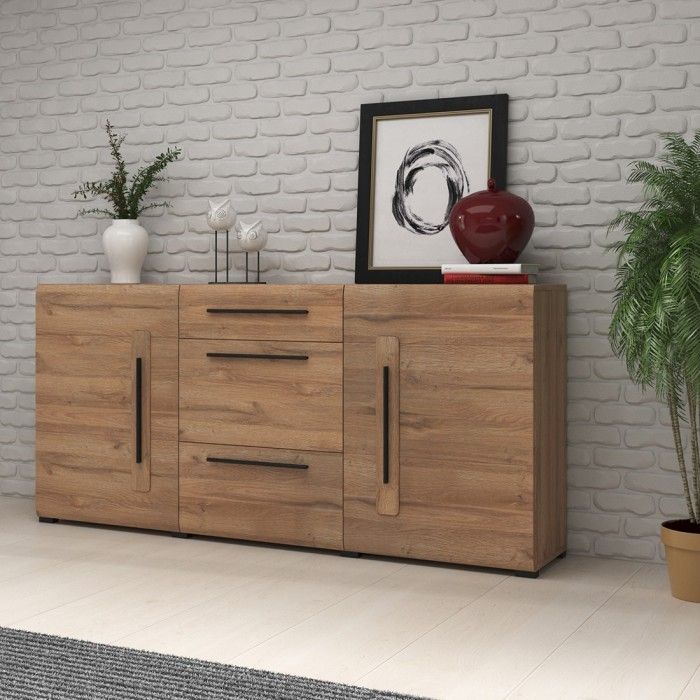 Buffet design 180cm. Collection BREDA deux portes et trois tiroirs. Coloris chêne.