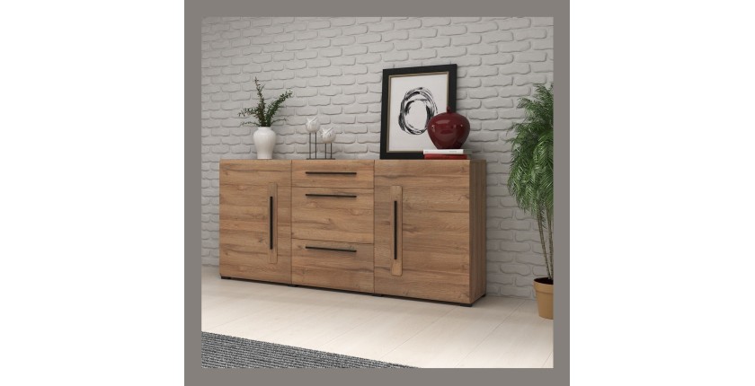 Buffet design 180cm. Collection BREDA deux portes et trois tiroirs. Coloris chêne.