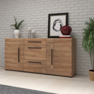 Buffet design 180cm. Collection BREDA deux portes et trois tiroirs. Coloris chêne.