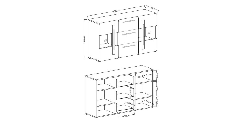 Buffet 180cm collection BREDA deux portes partiellement vitrées et trois tiroirs. Coloris Chêne