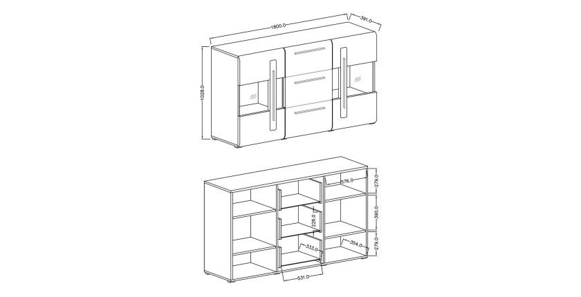 Buffet 180cm collection BREDA deux portes partiellement vitrées et trois tiroirs. Coloris Chêne