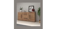 Buffet 180cm collection BREDA deux portes partiellement vitrées et trois tiroirs. Coloris Chêne
