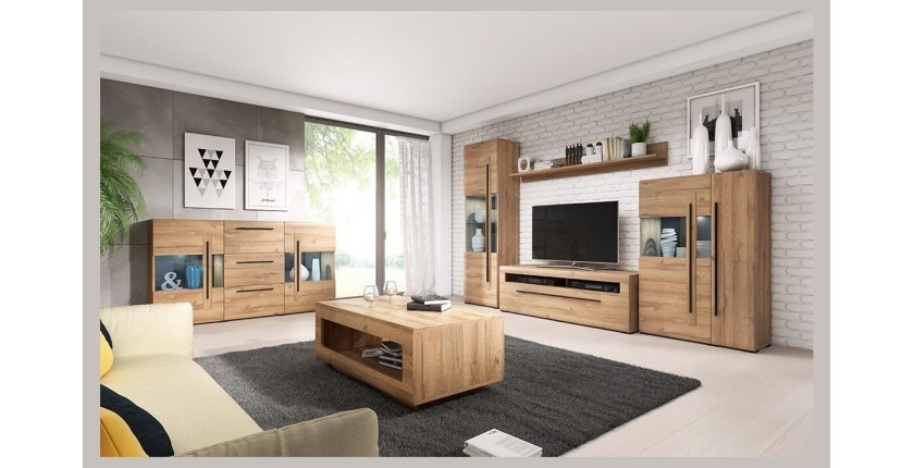 Buffet 180cm collection BREDA deux portes partiellement vitrées et trois tiroirs. Coloris Chêne