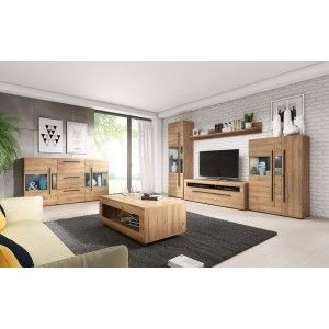 Buffet 180cm collection BREDA deux portes partiellement vitrées et trois tiroirs. Coloris Chêne
