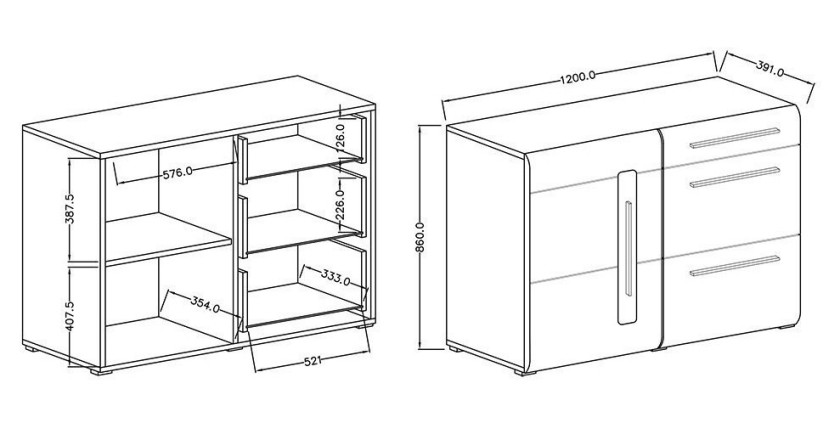 Buffet design 120cm. Collection BREDA une porte et trois tiroirs. Coloris chêne.