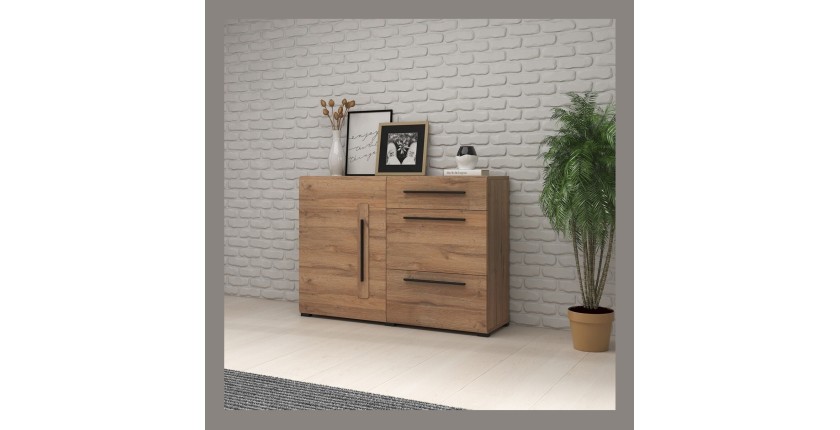 Buffet design 120cm. Collection BREDA une porte et trois tiroirs. Coloris chêne.
