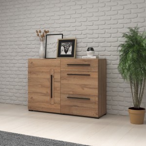 Buffet design 120cm. Collection BREDA une porte et trois tiroirs. Coloris chêne.