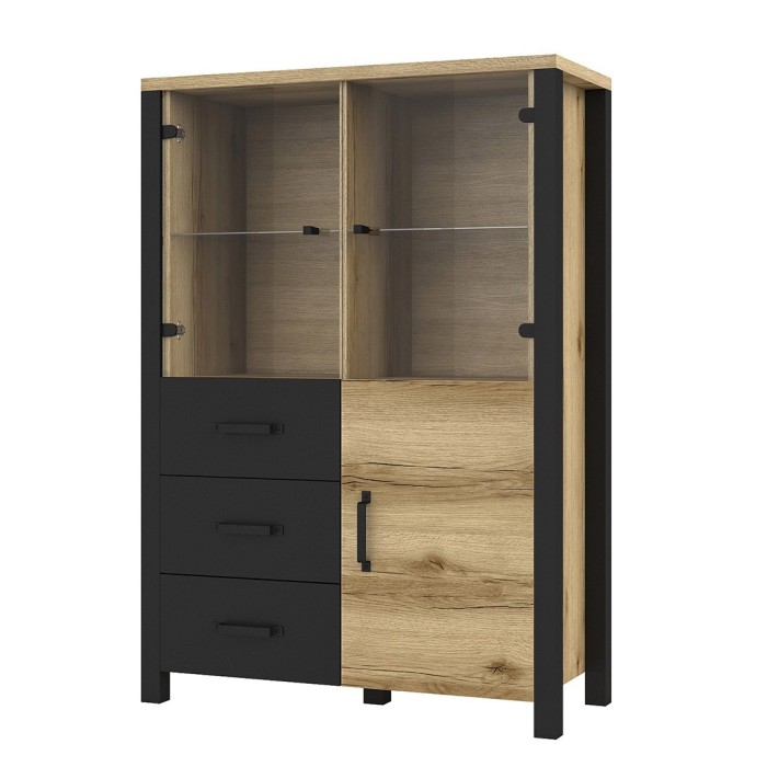 Buffet haut collection DARWIN. Couleur chêne clair et noir. 3 portes et 3 tiroirs.