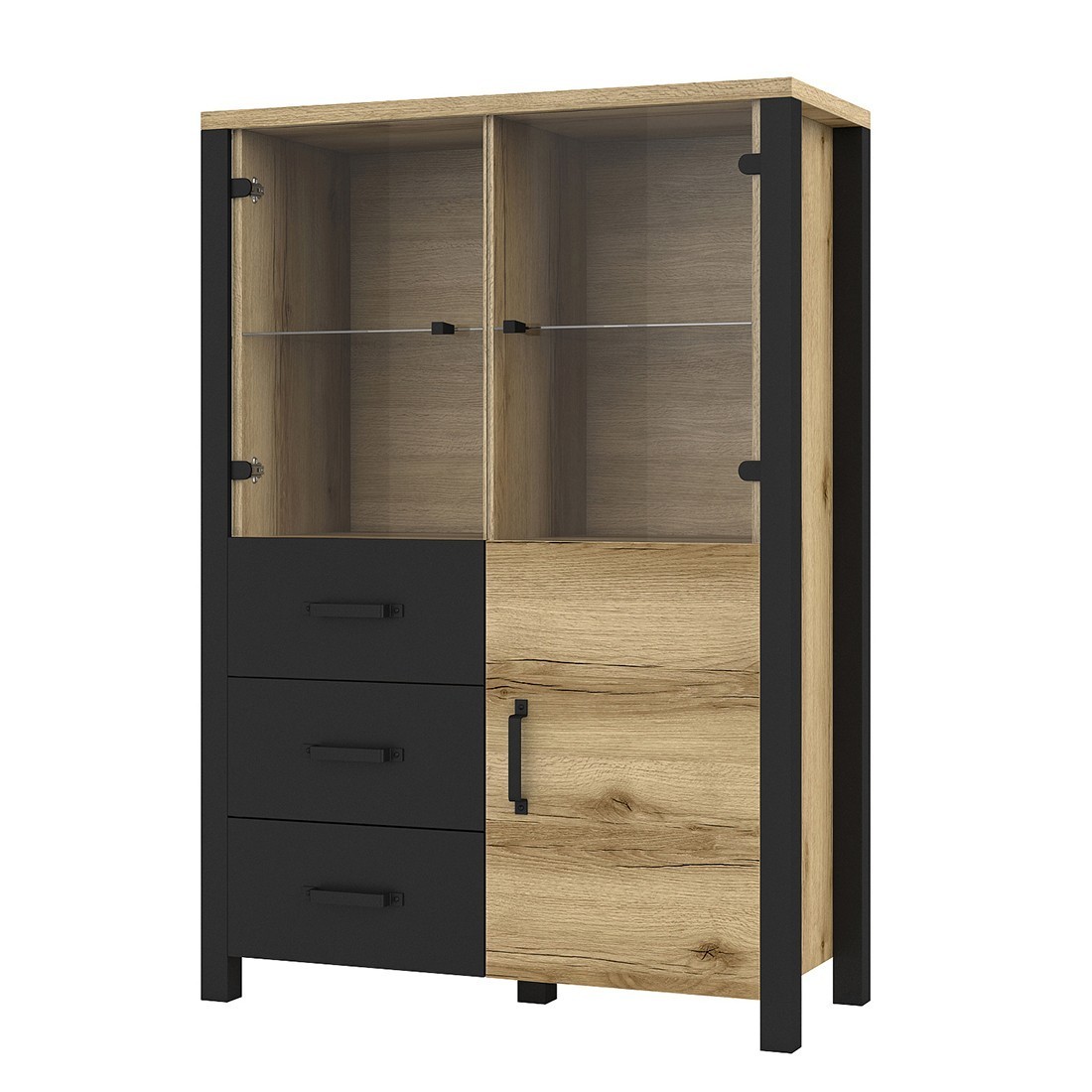 Buffet haut collection DARWIN. Couleur chêne clair et noir. 3 portes et 3 tiroirs.