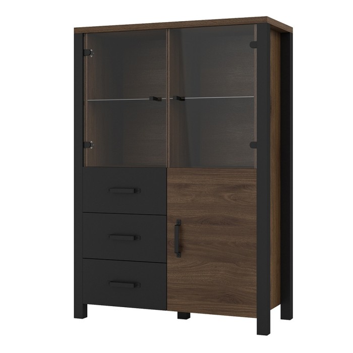 Buffet haut collection DARWIN. Couleur chêne foncé et noir. 3 portes et 3 tiroirs.