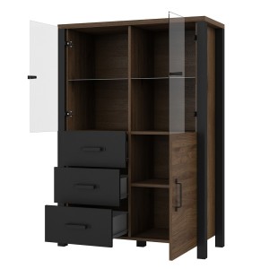 Buffet haut collection DARWIN. Couleur chêne foncé et noir. 3 portes et 3 tiroirs.