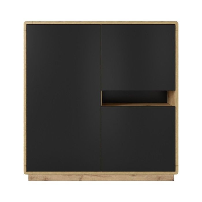 Buffet haut collection VILLA. Couleur chêne et noir. 3 portes et 1 niche éclairée.