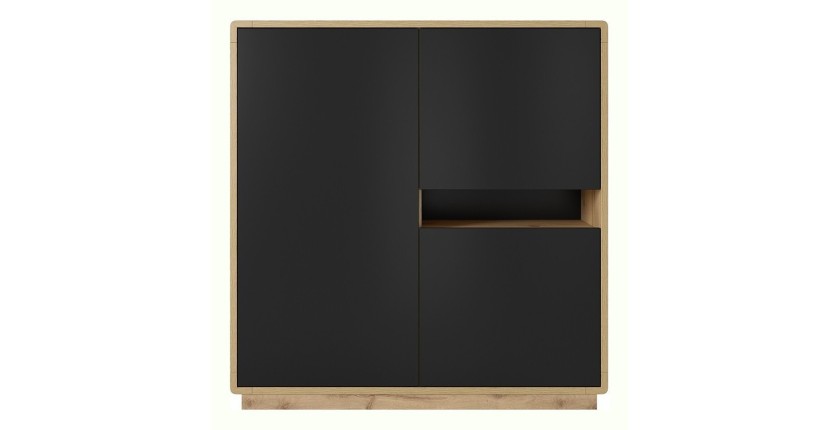 Buffet haut collection VILLA. Couleur chêne et noir. 3 portes et 1 niche éclairée.