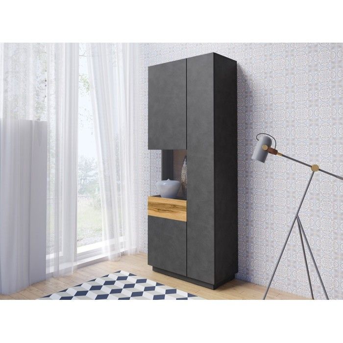 Ensemble de salon vitrine et buffet collection KILES. Coloris gris anthracite et chêne.