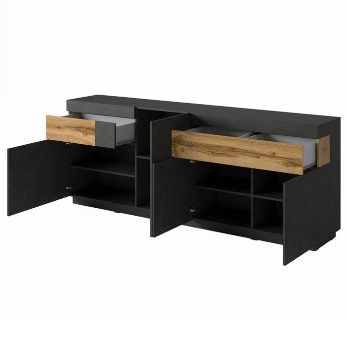 Ensemble de salon vitrine et buffet collection KILES. Coloris gris anthracite et chêne.