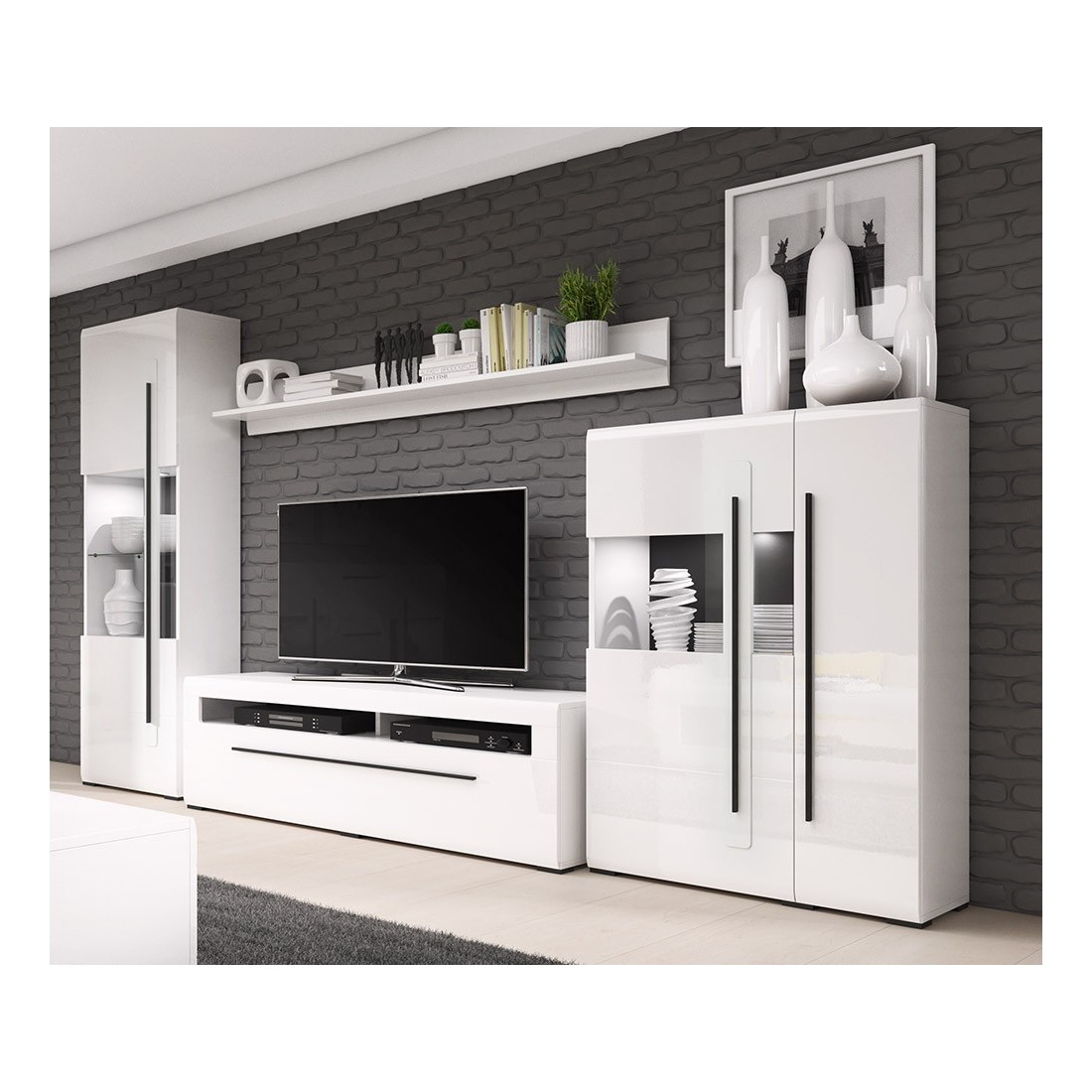 Ensemble complet pour salon collection BREDA. Coloris blanc mat et blanc brillant