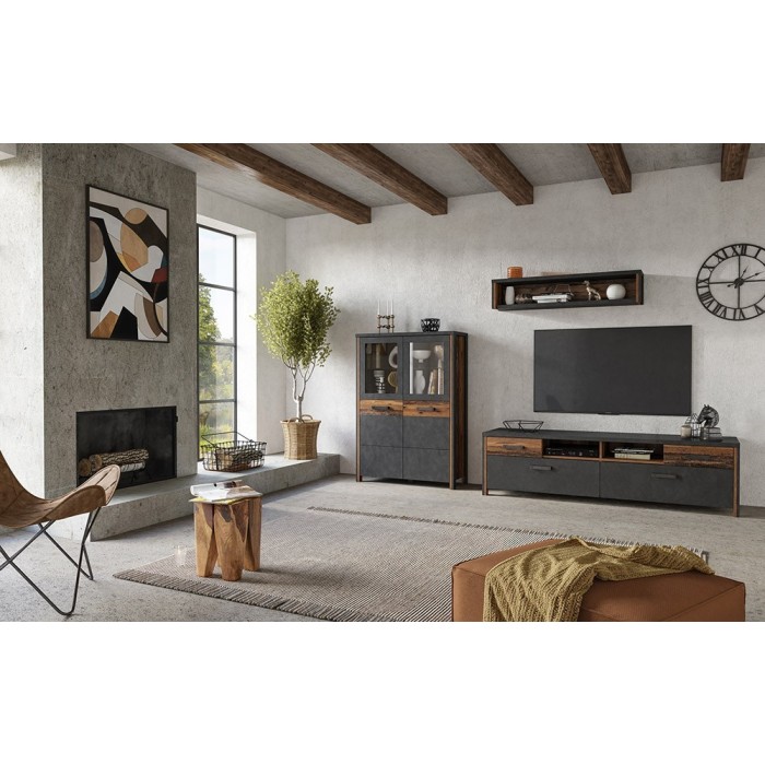 Ensemble 3 meubles de salon collection WINDSOR. Coloris gris anthracite et chêne foncé.
