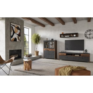 Ensemble 3 meubles de salon collection WINDSOR. Coloris gris anthracite et chêne foncé.