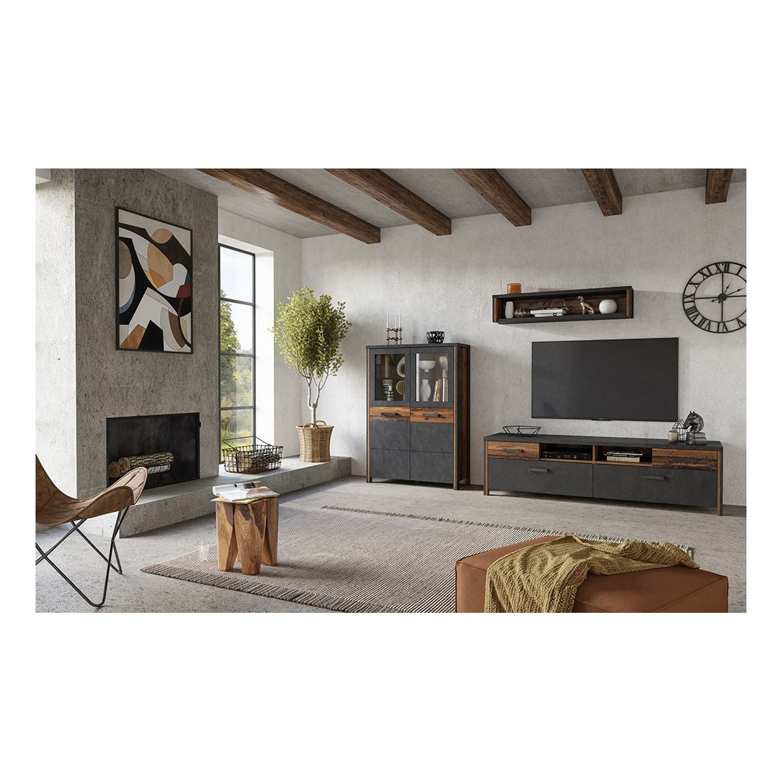 Ensemble 3 meubles de salon collection WINDSOR. Coloris gris anthracite et chêne foncé.
