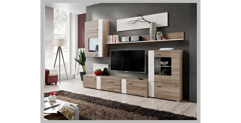 Composition de meubles TV  design collection ALEP. Coloris chêne et blanc.