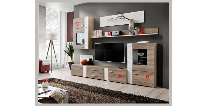 Composition de meubles TV  design collection ALEP. Coloris chêne et blanc.