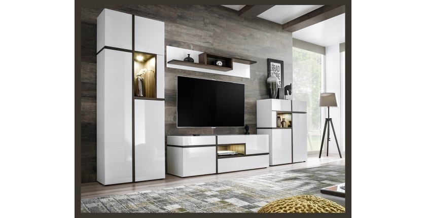 Ensemble 4 meubles de salon collection CRISS avec LEDS intégrés. Couleur blanche et finitions chêne.