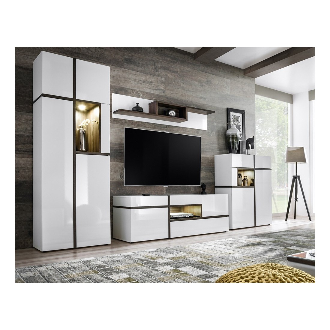 Ensemble 4 meubles de salon collection CRISS avec LEDS intégrés. Couleur blanche et finitions chêne.