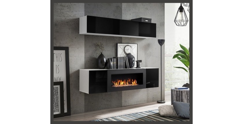 Meubles suspendus avec cheminée décorative collection FLY N1. Coloris blanc et noir.
