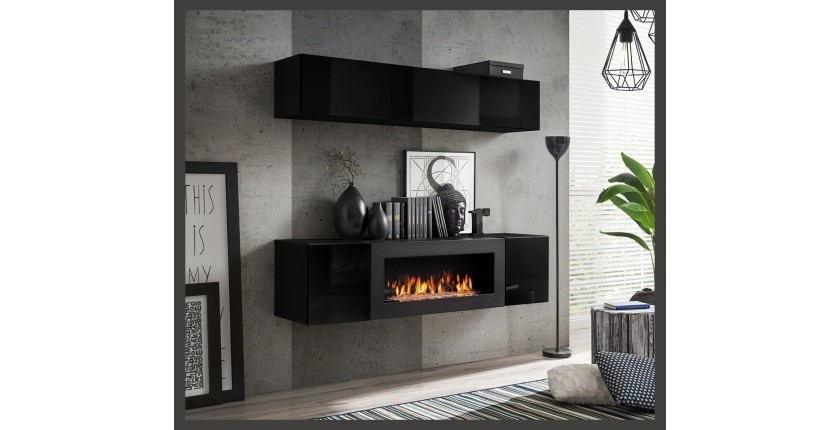 Meubles suspendus avec cheminée décorative collection FLY N1. Coloris noir.