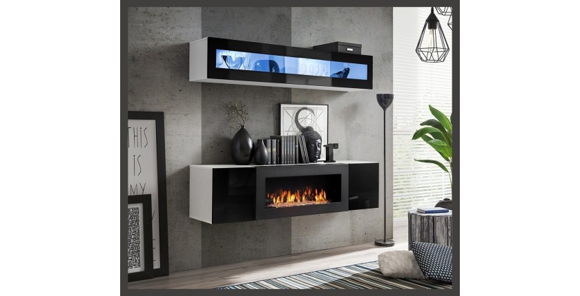 Meubles suspendus avec cheminée décorative collection FLY N2. Coloris blanc et noir.