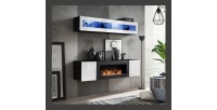 Meubles suspendus avec cheminée décorative collection FLY N2. Coloris blanc et noir.