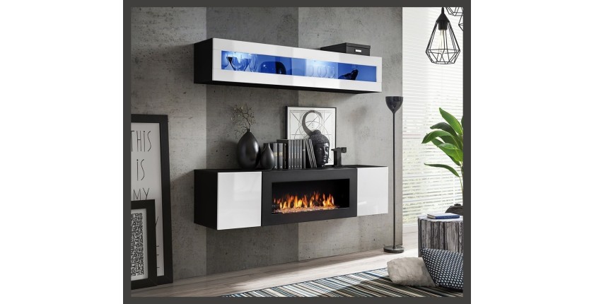 Meubles suspendus avec cheminée décorative collection FLY N2. Coloris blanc et noir.