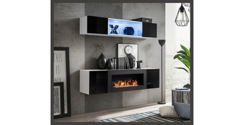 Meubles suspendus avec cheminée décorative collection FLY N3. Coloris blanc et noir.