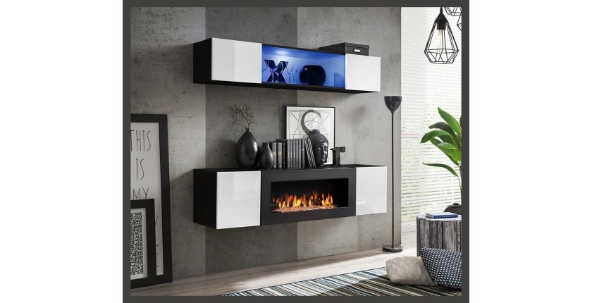 Meubles suspendus avec cheminée décorative collection FLY N3. Coloris noir et blanc.