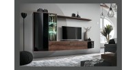 Ensemble pour salon STARK. Composition TV murale coloris chêne et noir. LED incluses.